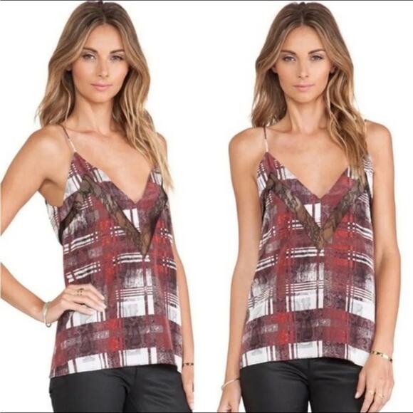 Lovers + Friends Camisole‎ Tank Top Black Lace Red & Gray Plaid Print Size L - Picture 1 of 9